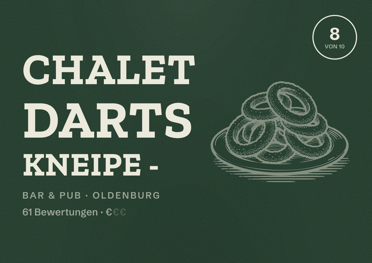 Illustriertes Poster von Chalet Darts Kneipe -, Bar & Pub in Oldenburg: Bewertung 8,0 von 10 aus 61 Bewertungen, Preisniveau €