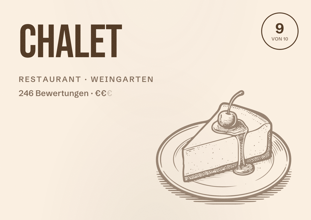Illustriertes Poster von Chalet, Restaurant in Weingarten: Bewertung 9 von 10 aus 246 Bewertungen, Preisniveau €€