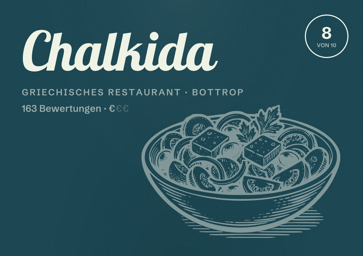 Illustriertes Poster von Chalkida, Griechisches Restaurant in Bottrop: Bewertung 8 von 10 aus 163 Bewertungen, Preisniveau €