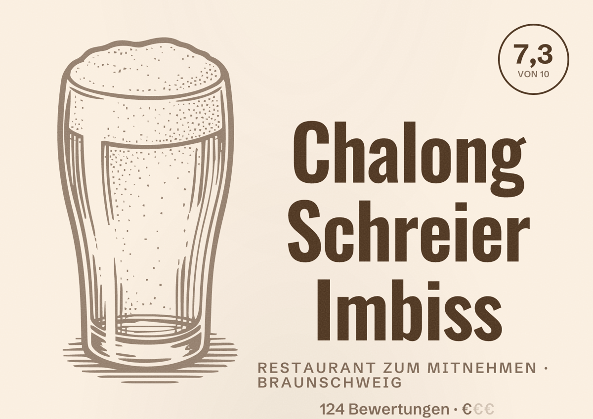 Illustriertes Poster von Chalong Schreier Imbiss, Restaurant zum Mitnehmen in Braunschweig: Bewertung 7,3 von 10 aus 124 Bewertungen, Preisniveau €