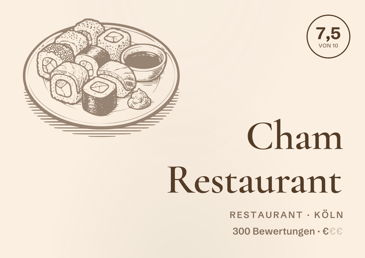 Illustriertes Poster von Cham Restaurant, Restaurant in Köln: Bewertung 7,5 von 10 aus 300 Bewertungen, Preisniveau €