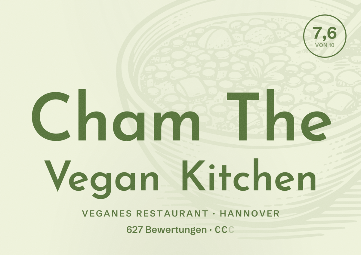 Illustriertes Poster von Cham The Vegan Kitchen, Veganes Restaurant in Hannover: Bewertung 7,6 von 10 aus 627 Bewertungen, Preisniveau €€