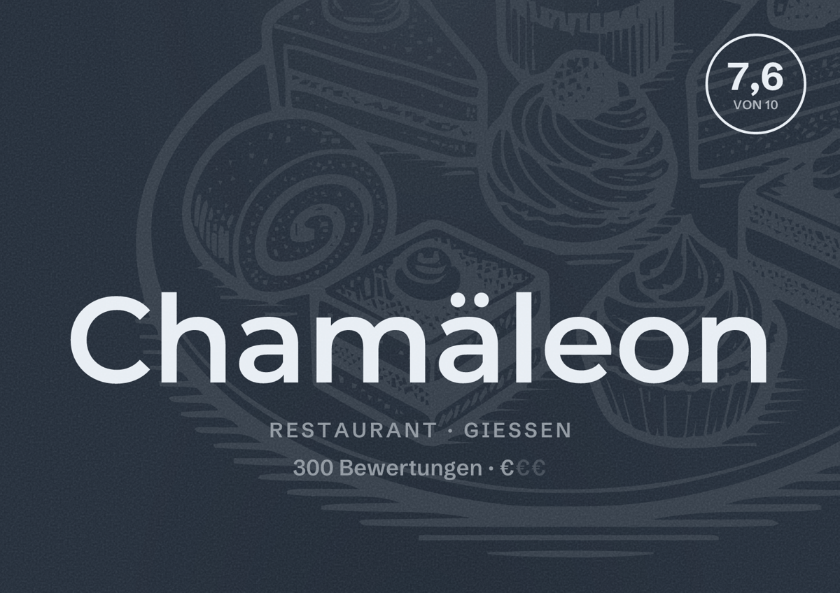 Illustriertes Poster von Chamäleon, Restaurant in Gießen: Bewertung 7,6 von 10 aus 300 Bewertungen, Preisniveau €