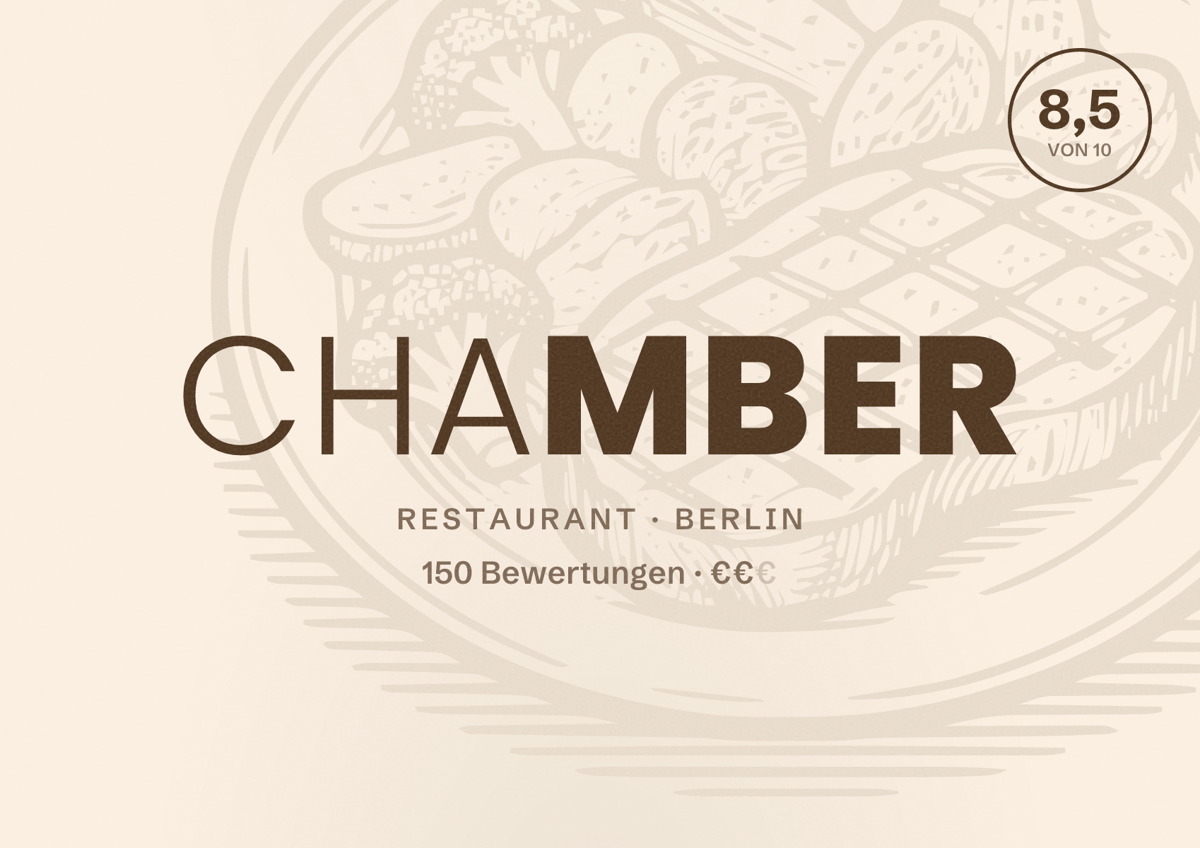 Illustriertes Poster von Chamber, Restaurant in Berlin: Bewertung 8,5 von 10 aus 150 Bewertungen, Preisniveau €€