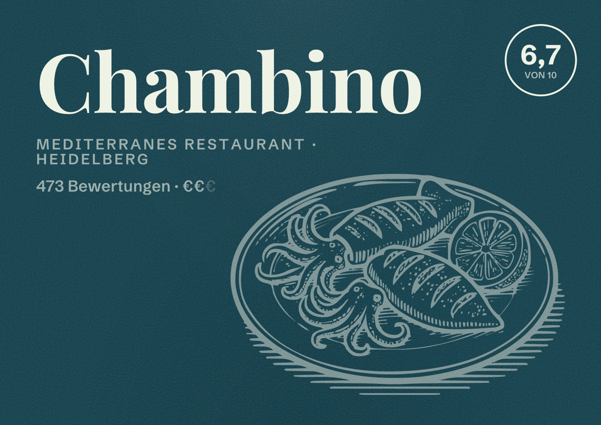 Illustriertes Poster von Chambino, Mediterranes Restaurant in Heidelberg: Bewertung 6,7 von 10 aus 473 Bewertungen, Preisniveau €€