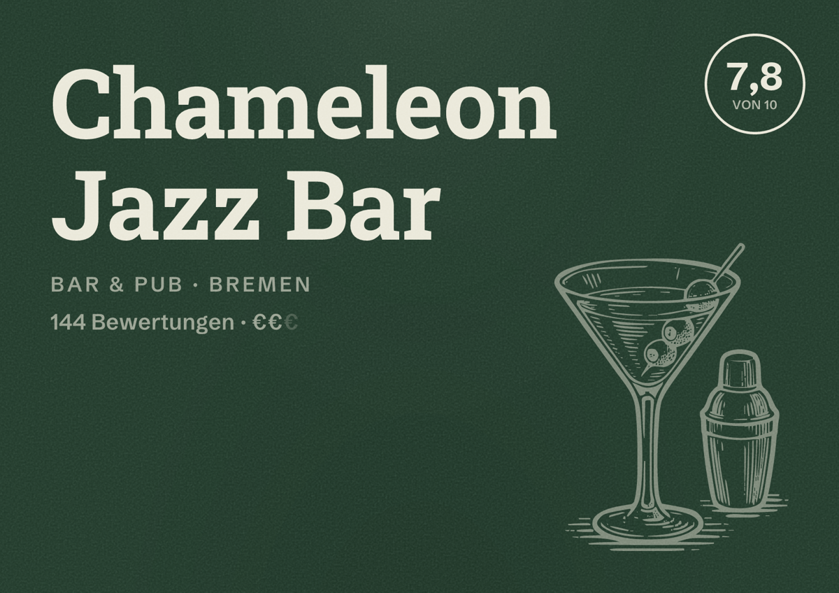 Illustriertes Poster von Chameleon Jazz Bar, Bar & Pub in Bremen: Bewertung 7,8 von 10 aus 144 Bewertungen, Preisniveau €€