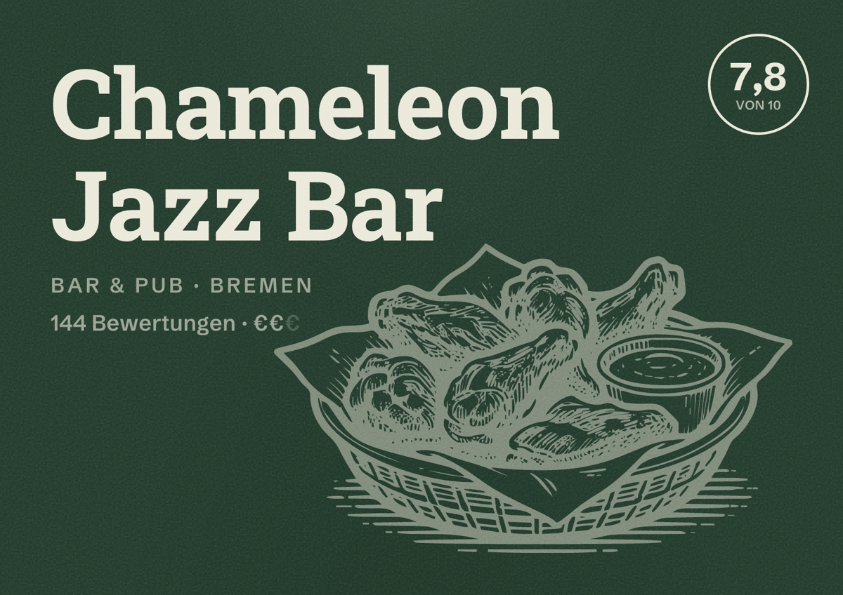 Illustriertes Poster von Chameleon Jazz Bar, Bar & Pub in Bremen: Bewertung 7,8 von 10 aus 144 Bewertungen, Preisniveau €€