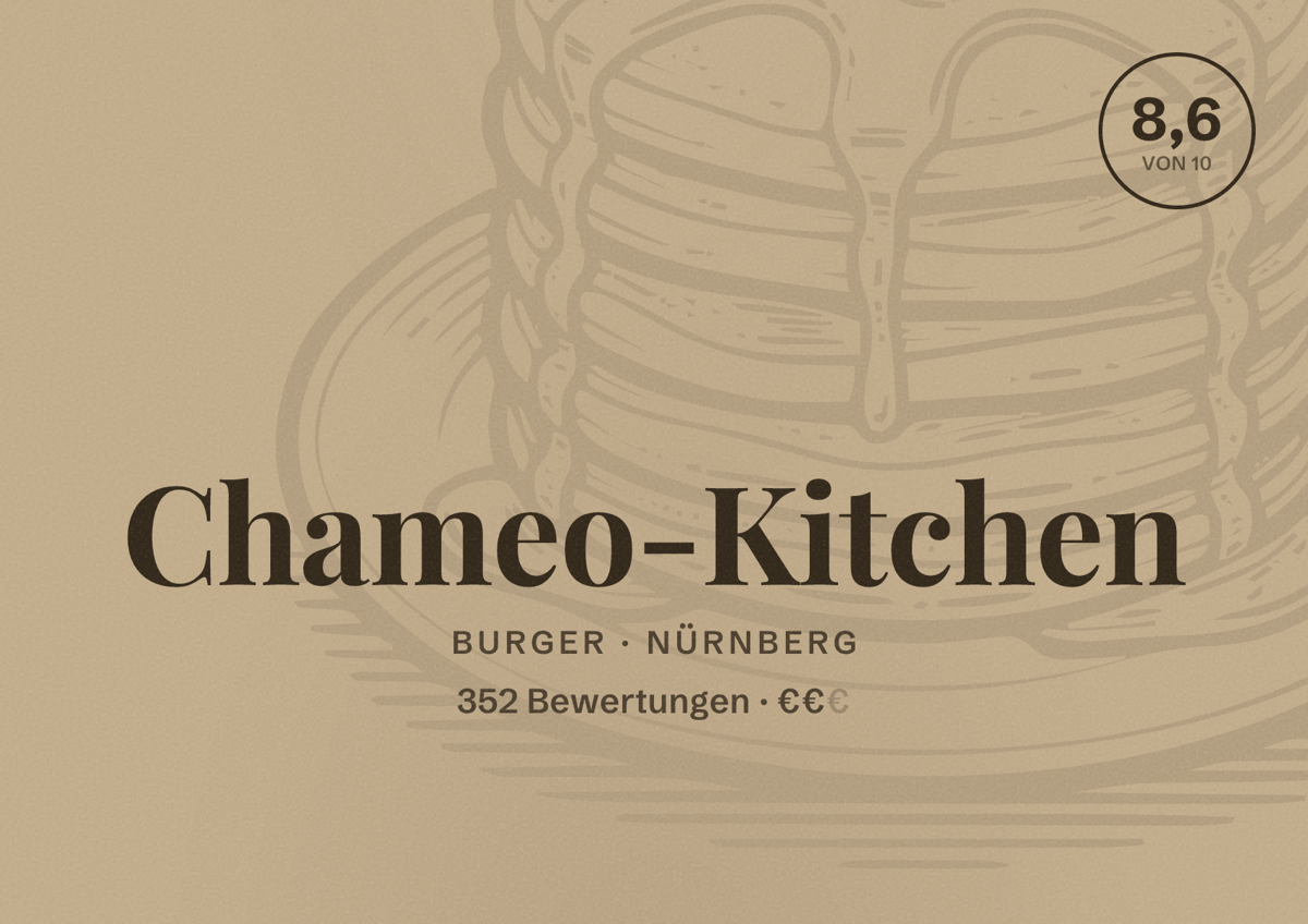 Illustriertes Poster von Chameo-Kitchen, Burger in Nürnberg: Bewertung 8,6 von 10 aus 352 Bewertungen, Preisniveau €€
