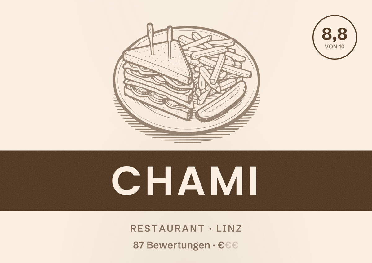 Illustriertes Poster von Chami, Restaurant in Linz: Bewertung 8,8 von 10 aus 87 Bewertungen, Preisniveau €