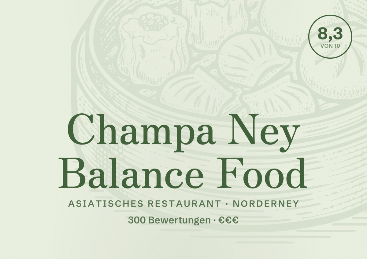 Illustriertes Poster von Champa Ney Balance Food, Asiatisches Restaurant in Norderney: Bewertung 8,3 von 10 aus 300 Bewertungen, Preisniveau €€€