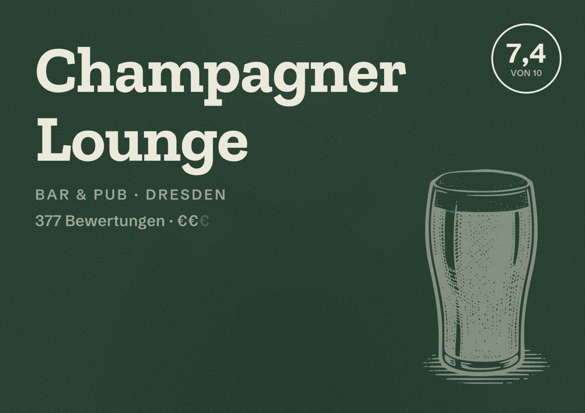 Illustriertes Poster von Champagner Lounge, Bar & Pub in Dresden: Bewertung 7,4 von 10 aus 377 Bewertungen, Preisniveau €€