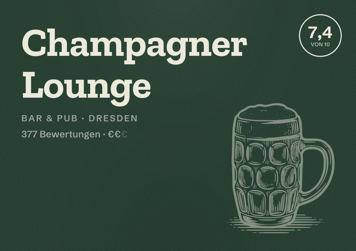 Illustriertes Poster von Champagner Lounge, Bar & Pub in Dresden: Bewertung 7,4 von 10 aus 377 Bewertungen, Preisniveau €€