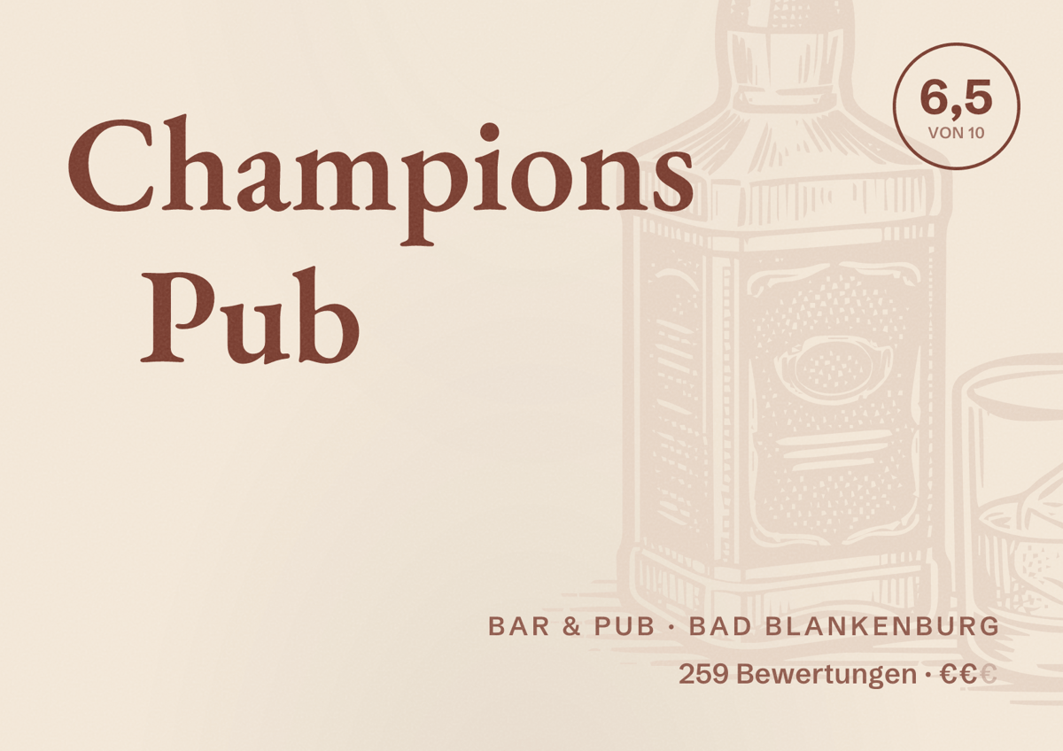 Illustriertes Poster von Champions Pub, Bar & Pub in Bad Blankenburg: Bewertung 6,5 von 10 aus 259 Bewertungen, Preisniveau €€