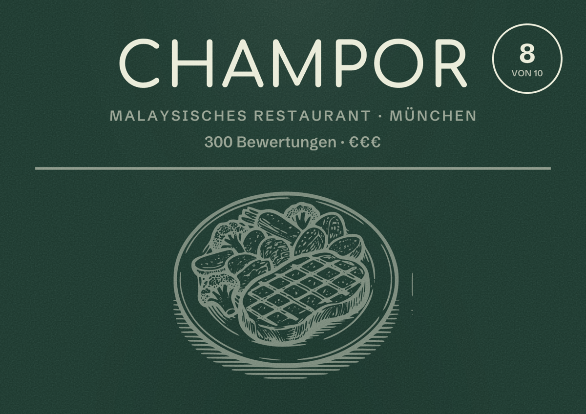 Illustriertes Poster von Champor, Malaysisches Restaurant in München: Bewertung 8,0 von 10 aus 300 Bewertungen, Preisniveau €€€
