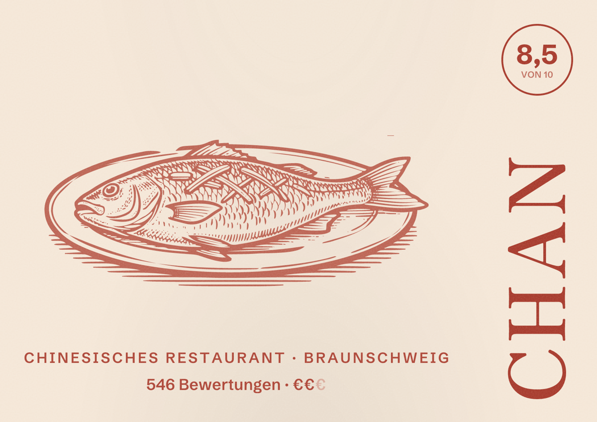 Illustriertes Poster von Chan, Chinesisches Restaurant in Braunschweig: Bewertung 8,5 von 10 aus 546 Bewertungen, Preisniveau €€