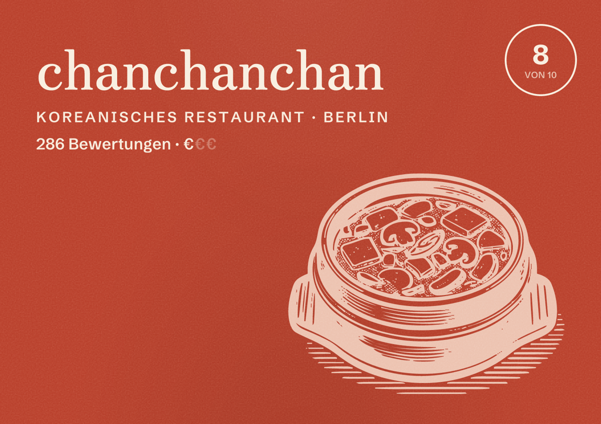 Illustriertes Poster von chanchanchan, Koreanisches Restaurant in Berlin: Bewertung 8,0 von 10 aus 286 Bewertungen, Preisniveau €