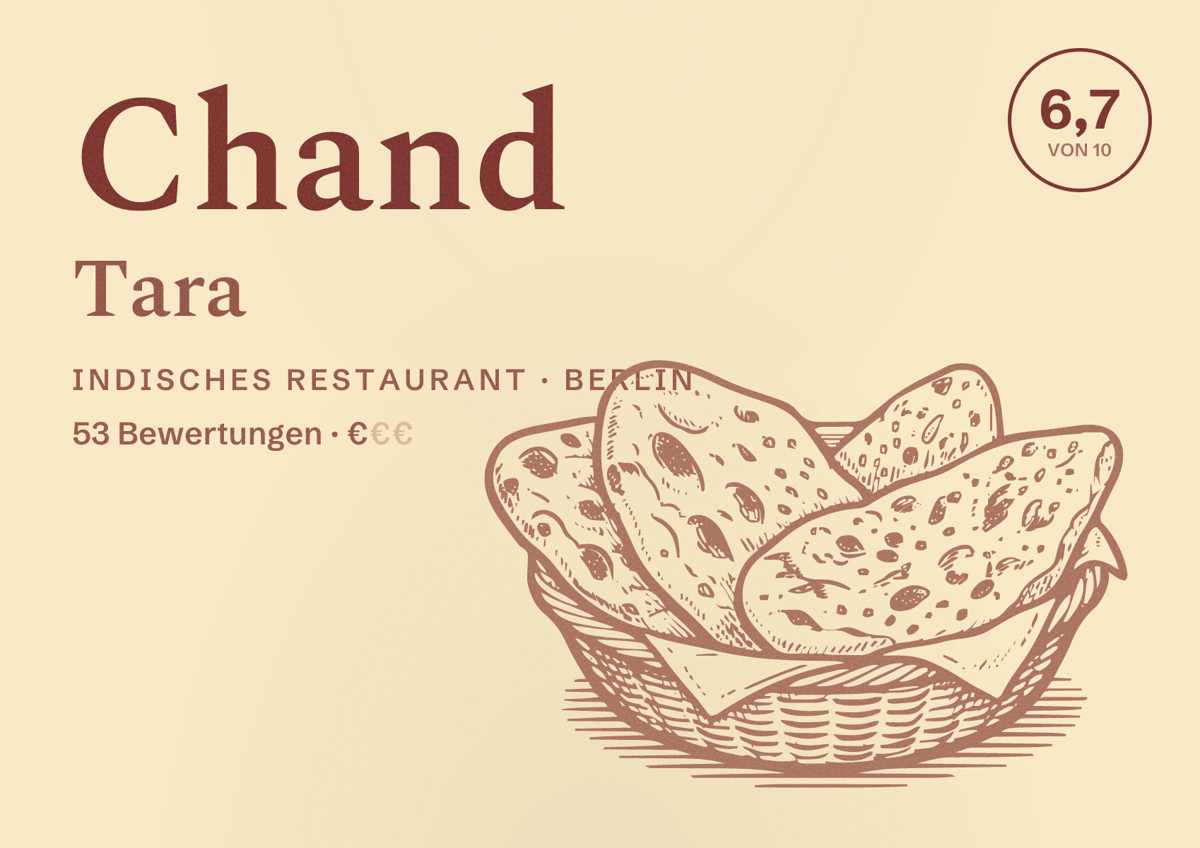 Illustriertes Poster von Chand Tara, Indisches Restaurant in Berlin: Bewertung 6,7 von 10 aus 53 Bewertungen, Preisniveau €