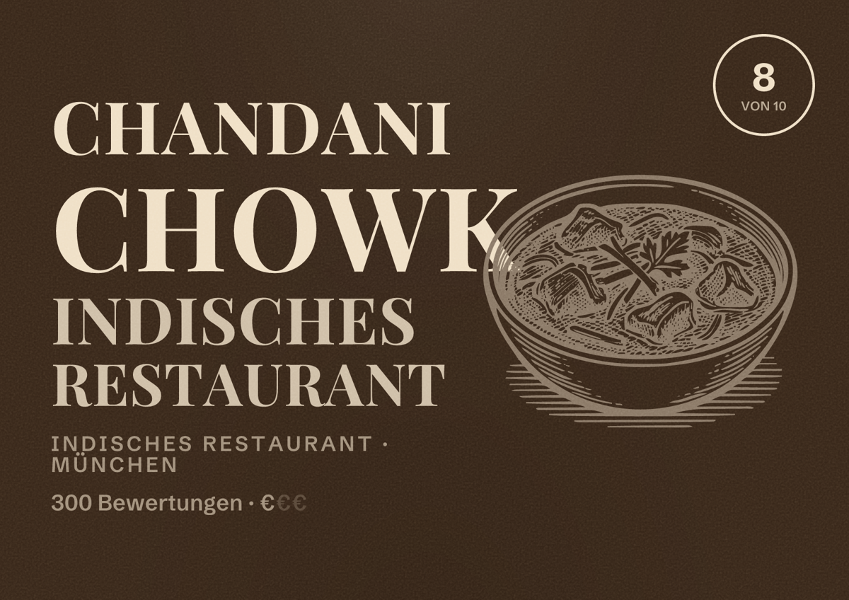 Illustriertes Poster von Chandani Chowk Indisches Restaurant, Indisches Restaurant in München: Bewertung 8,0 von 10 aus 300 Bewertungen, Preisniveau €