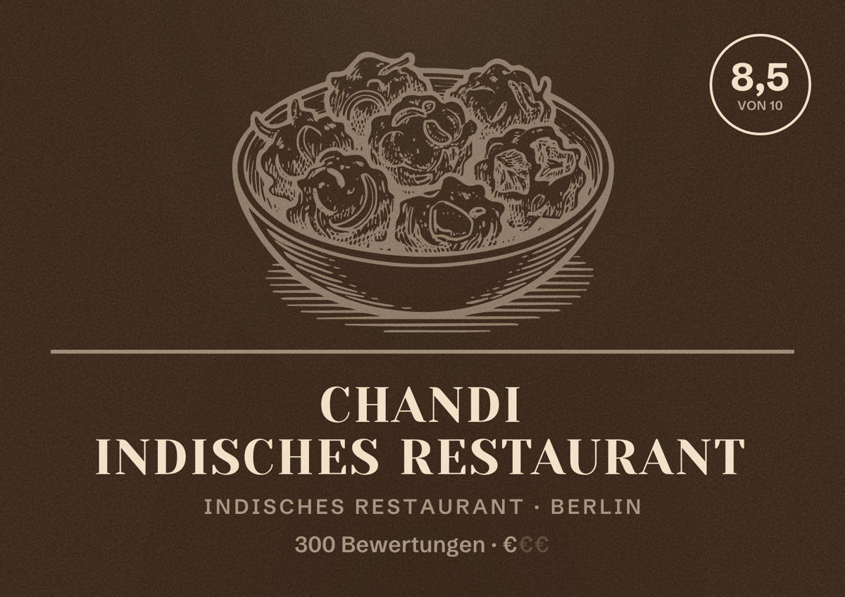 Illustriertes Poster von Chandi indisches Restaurant, Indisches Restaurant in Berlin: Bewertung 8,5 von 10 aus 300 Bewertungen, Preisniveau €