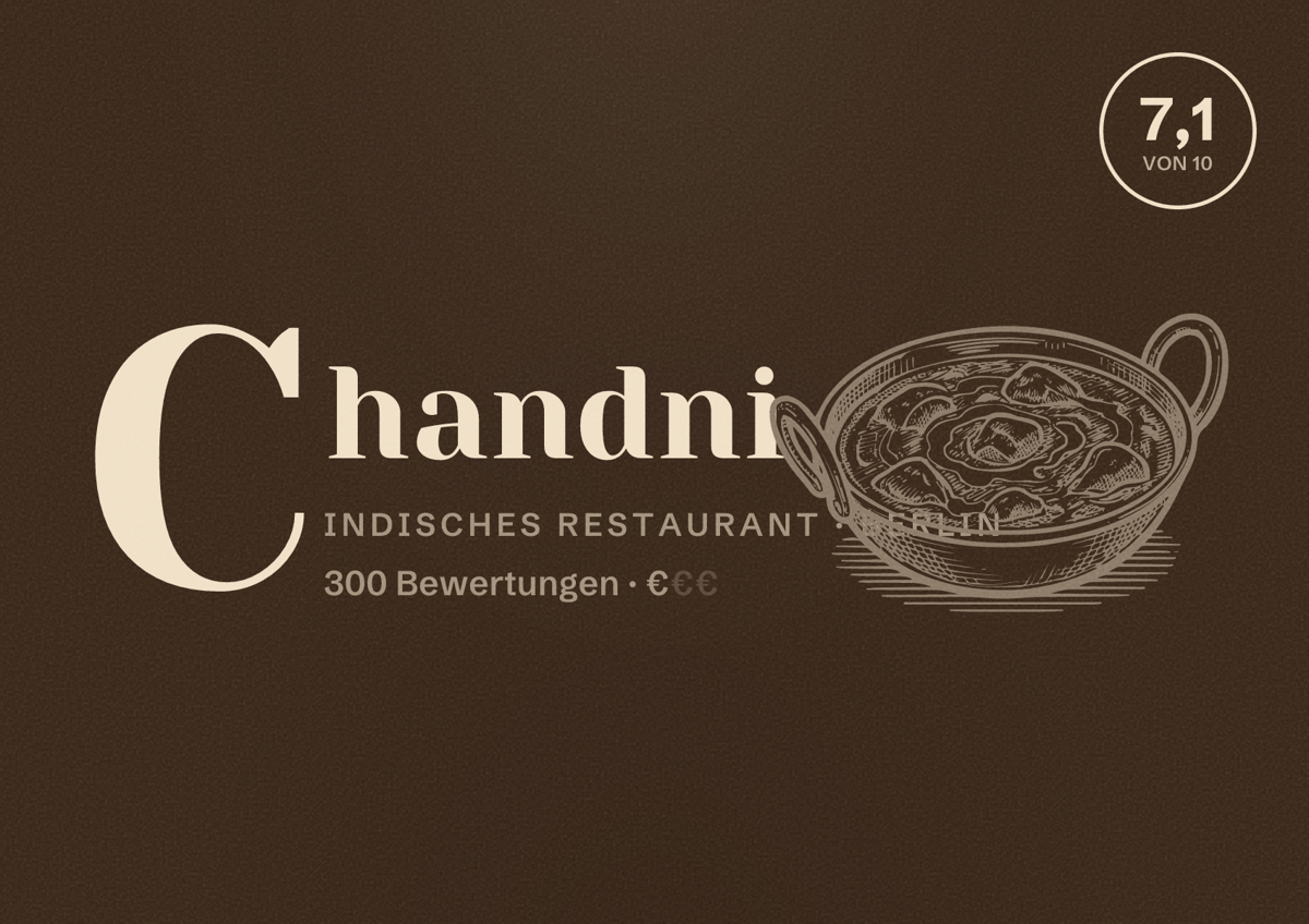 Illustriertes Poster von Chandni, Indisches Restaurant in Berlin: Bewertung 7,1 von 10 aus 300 Bewertungen, Preisniveau €