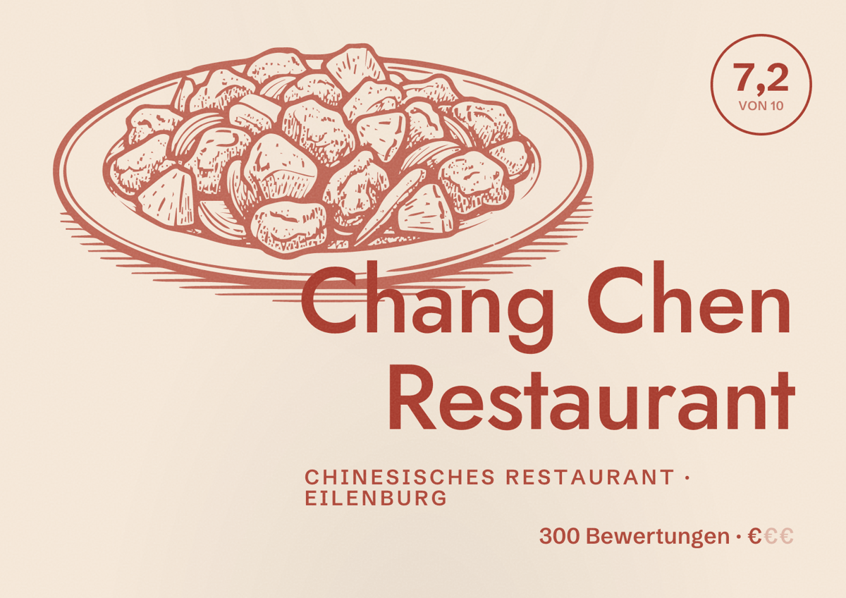Illustriertes Poster von Chang Chen Restaurant, Chinesisches Restaurant in Eilenburg: Bewertung 7,2 von 10 aus 300 Bewertungen, Preisniveau €