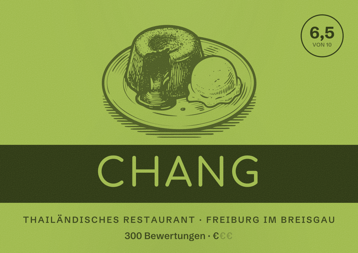 Illustriertes Poster von Chang, Thailändisches Restaurant in Freiburg im Breisgau: Bewertung 6,5 von 10 aus 300 Bewertungen, Preisniveau €