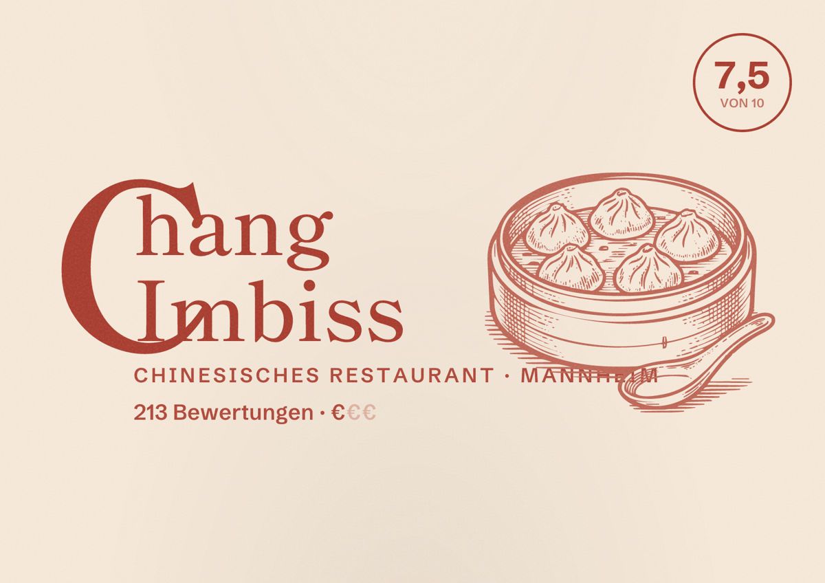 Illustriertes Poster von Chang Imbiss, Chinesisches Restaurant in Mannheim: Bewertung 7,5 von 10 aus 213 Bewertungen, Preisniveau €