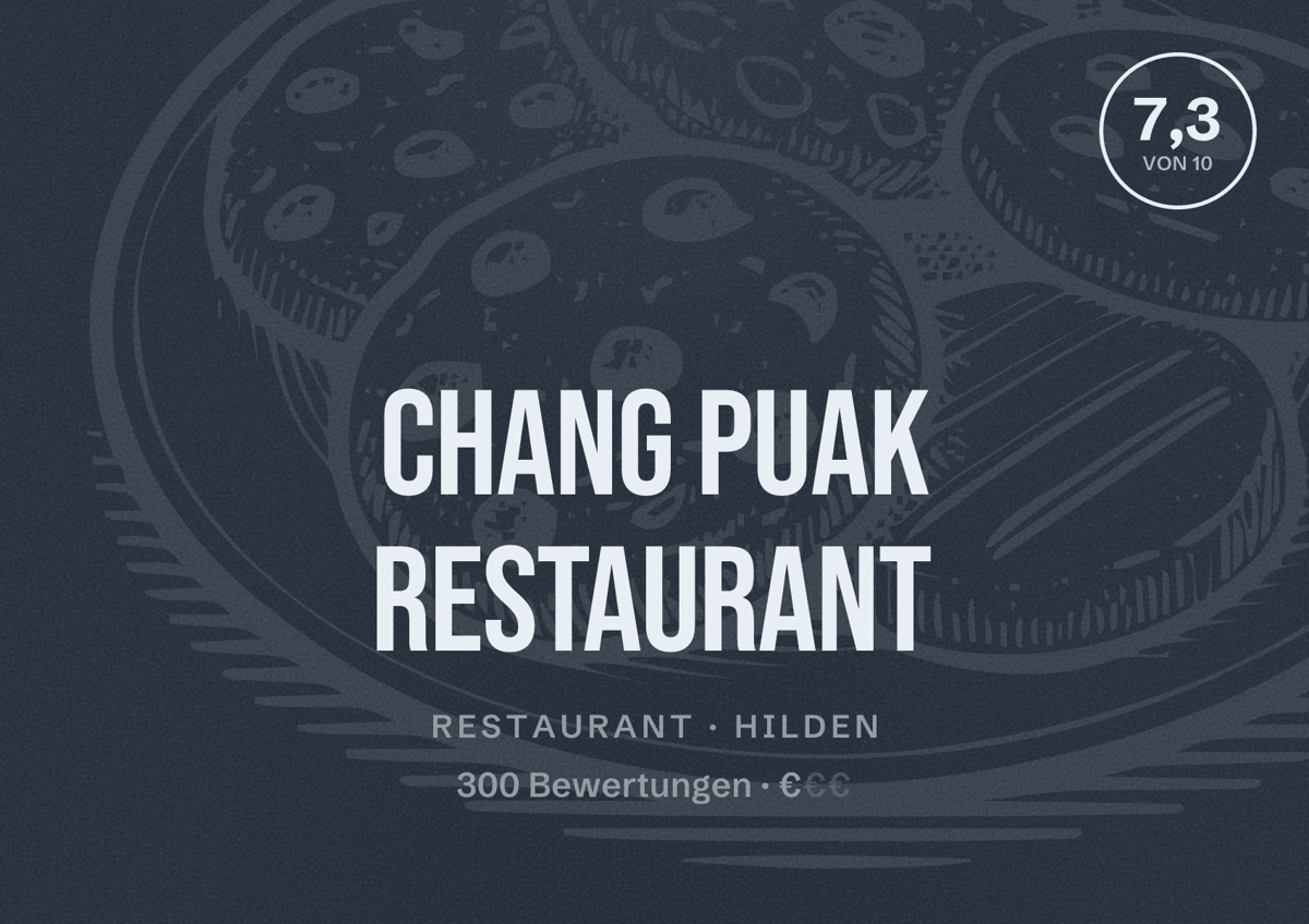 Illustriertes Poster von Chang Puak Restaurant, Restaurant in Hilden: Bewertung 7,3 von 10 aus 300 Bewertungen, Preisniveau €