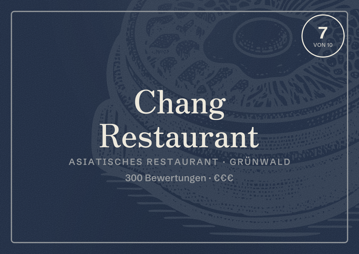 Illustriertes Poster von Chang Restaurant, Asiatisches Restaurant in Grünwald: Bewertung 7 von 10 aus 300 Bewertungen, Preisniveau €€€