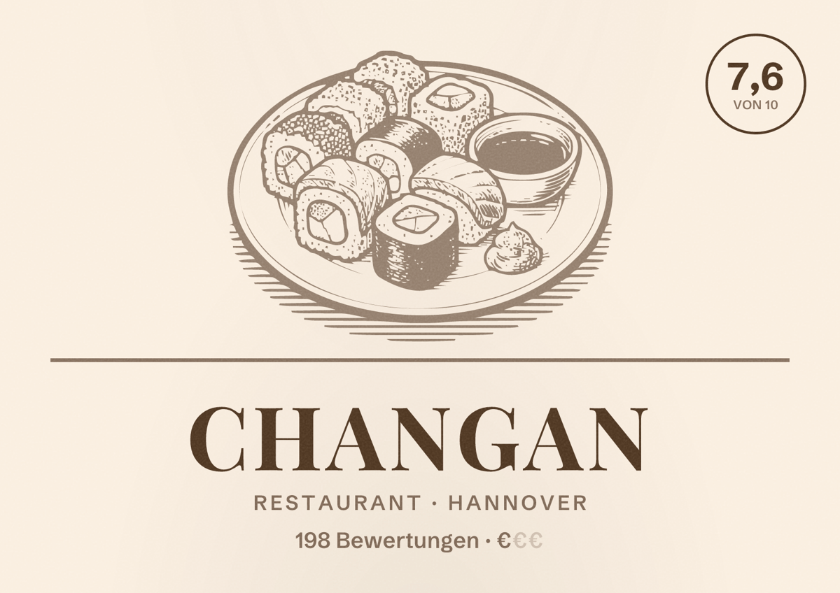 Illustriertes Poster von Changan, Restaurant in Hannover: Bewertung 7,6 von 10 aus 198 Bewertungen, Preisniveau €
