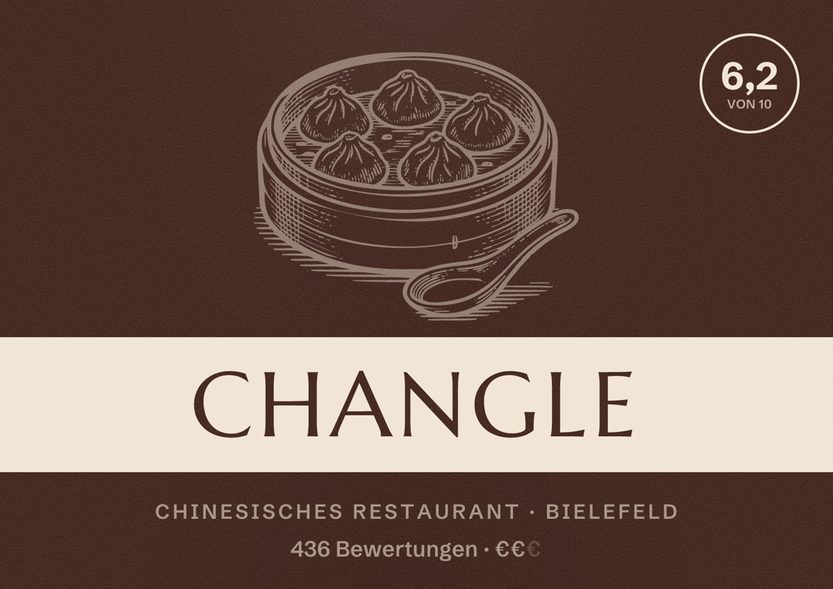Illustriertes Poster von ChangLe, Chinesisches Restaurant in Bielefeld: Bewertung 6,2 von 10 aus 436 Bewertungen, Preisniveau €€