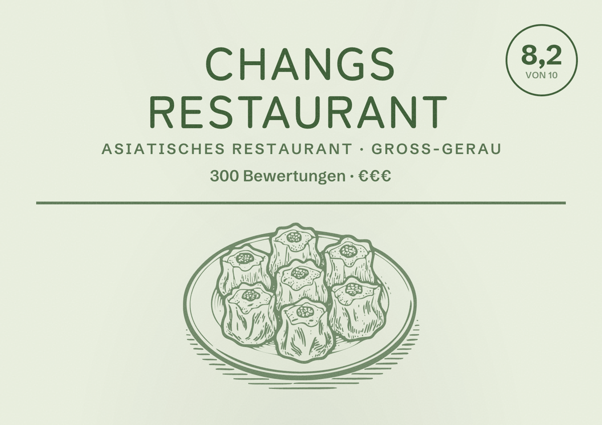 Illustriertes Poster von Changs Restaurant, Asiatisches Restaurant in Groß-Gerau: Bewertung 8,2 von 10 aus 300 Bewertungen, Preisniveau €€€