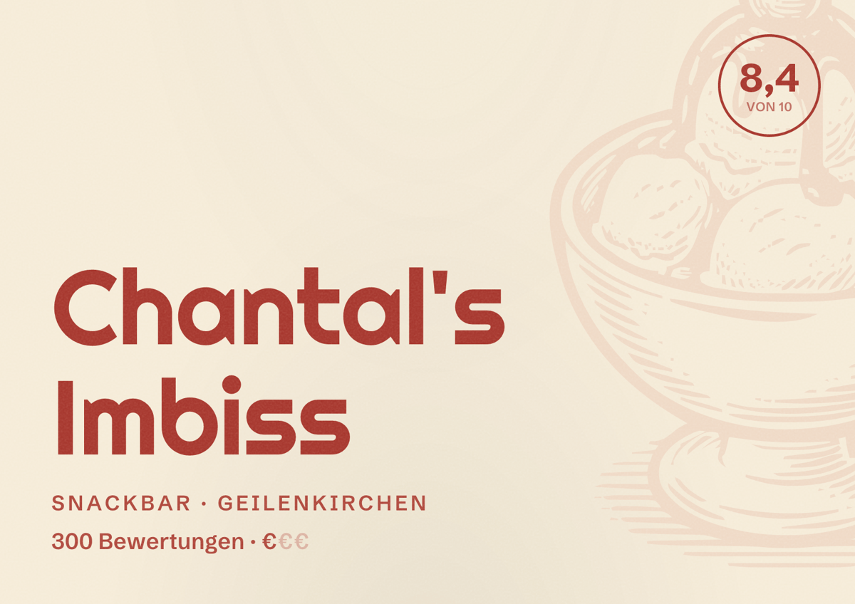 Illustriertes Poster von Chantal's Imbiss, Snackbar in Geilenkirchen: Bewertung 8,4 von 10 aus 300 Bewertungen, Preisniveau €