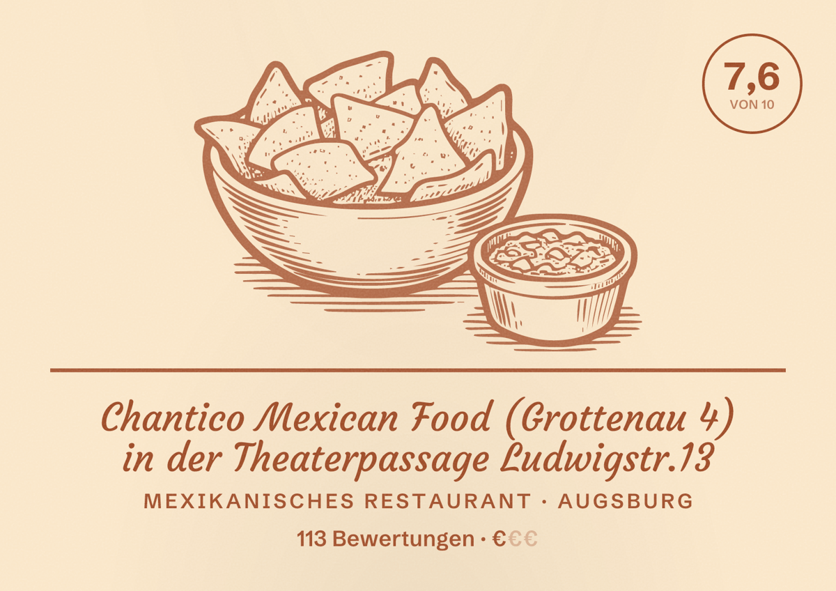 Illustriertes Poster von Chantico Mexican Food (Grottenau 4) in der Theaterpassage Ludwigstr.13, Mexikanisches Restaurant in Augsburg: Bewertung 7,6 von 10 aus 113 Bewertungen, Preisniveau €