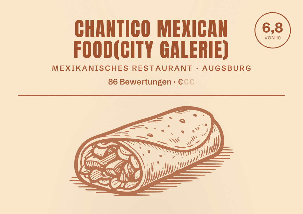 Illustriertes Poster von Chantico Mexican Food(City Galerie), Mexikanisches Restaurant in Augsburg: Bewertung 6,8 von 10 aus 86 Bewertungen, Preisniveau €