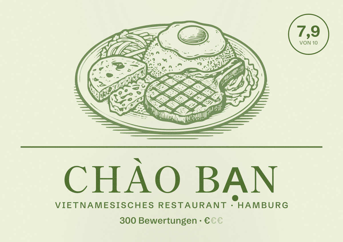 Illustriertes Poster von CHÀO BẠN, Vietnamesisches Restaurant in Hamburg: Bewertung 7,9 von 10 aus 300 Bewertungen, Preisniveau €