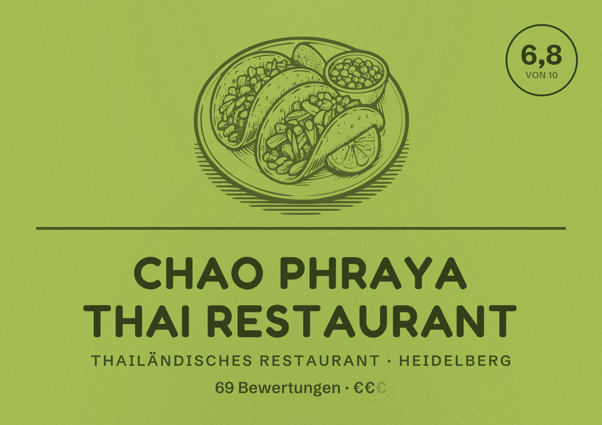 Illustriertes Poster von Chao Phraya Thai Restaurant, Thailändisches Restaurant in Heidelberg: Bewertung 6,8 von 10 aus 69 Bewertungen, Preisniveau €€