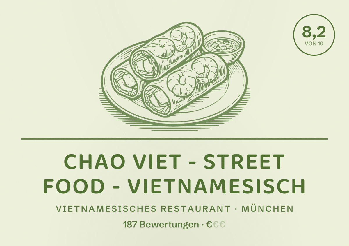 Illustriertes Poster von Chao Viet - Street Food - Vietnamesisch, Vietnamesisches Restaurant in München: Bewertung 8,2 von 10 aus 187 Bewertungen, Preisniveau €