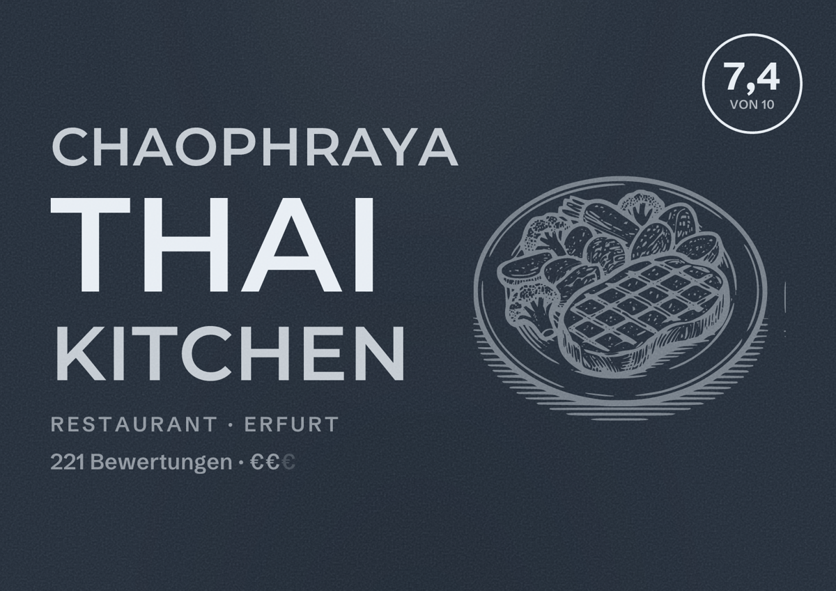 Illustriertes Poster von Chaophraya Thai Kitchen, Restaurant in Erfurt: Bewertung 7,4 von 10 aus 221 Bewertungen, Preisniveau €€