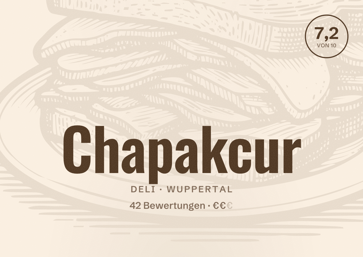 Illustriertes Poster von Chapakcur, Deli in Wuppertal: Bewertung 7,2 von 10 aus 42 Bewertungen, Preisniveau €€