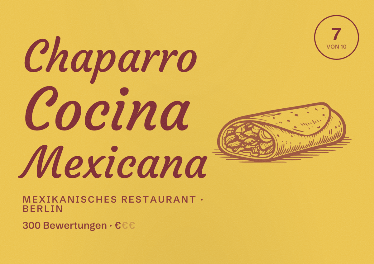Illustriertes Poster von Chaparro Cocina Mexicana, Mexikanisches Restaurant in Berlin: Bewertung 7,0 von 10 aus 300 Bewertungen, Preisniveau €