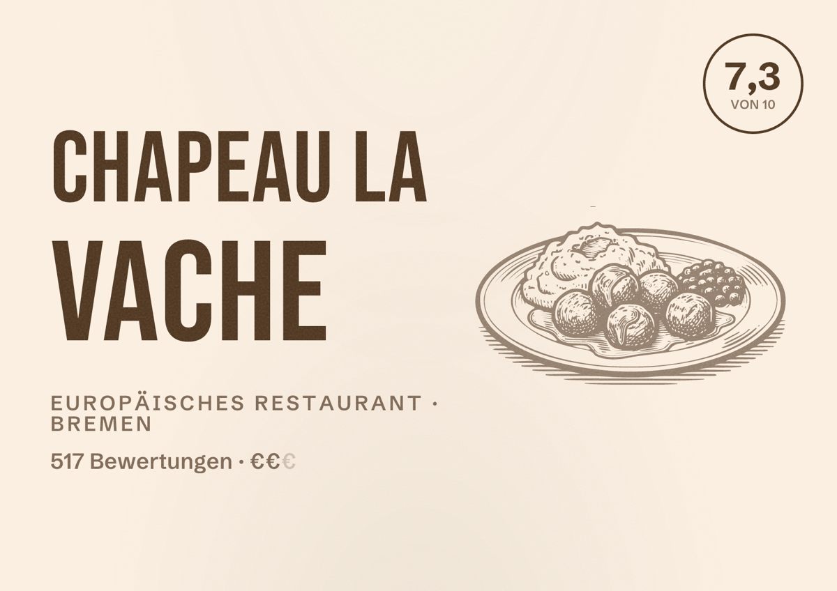 Illustriertes Poster von Chapeau la Vache, Europäisches Restaurant in Bremen: Bewertung 7,3 von 10 aus 517 Bewertungen, Preisniveau €€