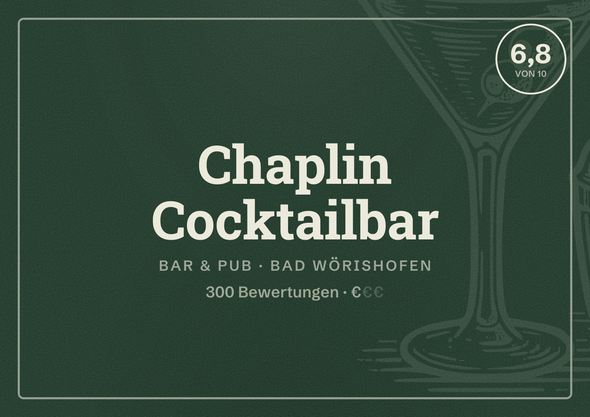 Illustriertes Poster von Chaplin Cocktailbar, Bar & Pub in Bad Wörishofen: Bewertung 6,8 von 10 aus 300 Bewertungen, Preisniveau €