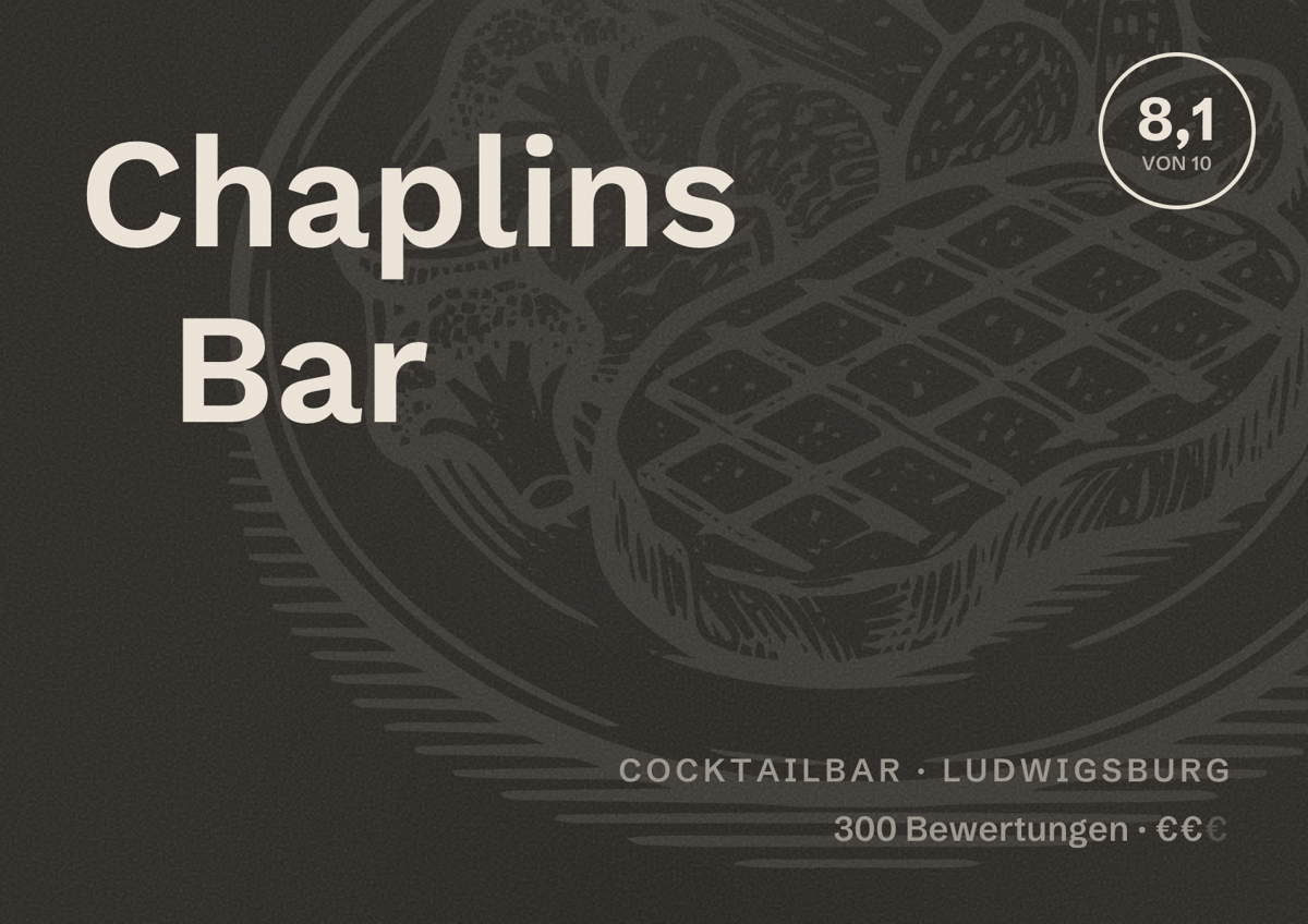 Illustriertes Poster von Chaplins Bar, Cocktailbar in Ludwigsburg: Bewertung 8,1 von 10 aus 300 Bewertungen, Preisniveau €€