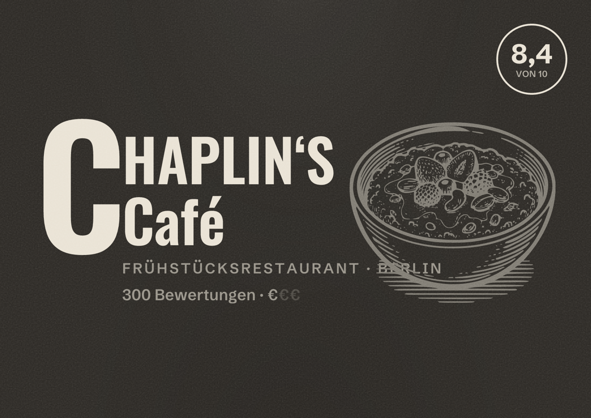 Illustriertes Poster von CHAPLIN‘S Café, Frühstücksrestaurant in Berlin: Bewertung 8,4 von 10 aus 300 Bewertungen, Preisniveau €