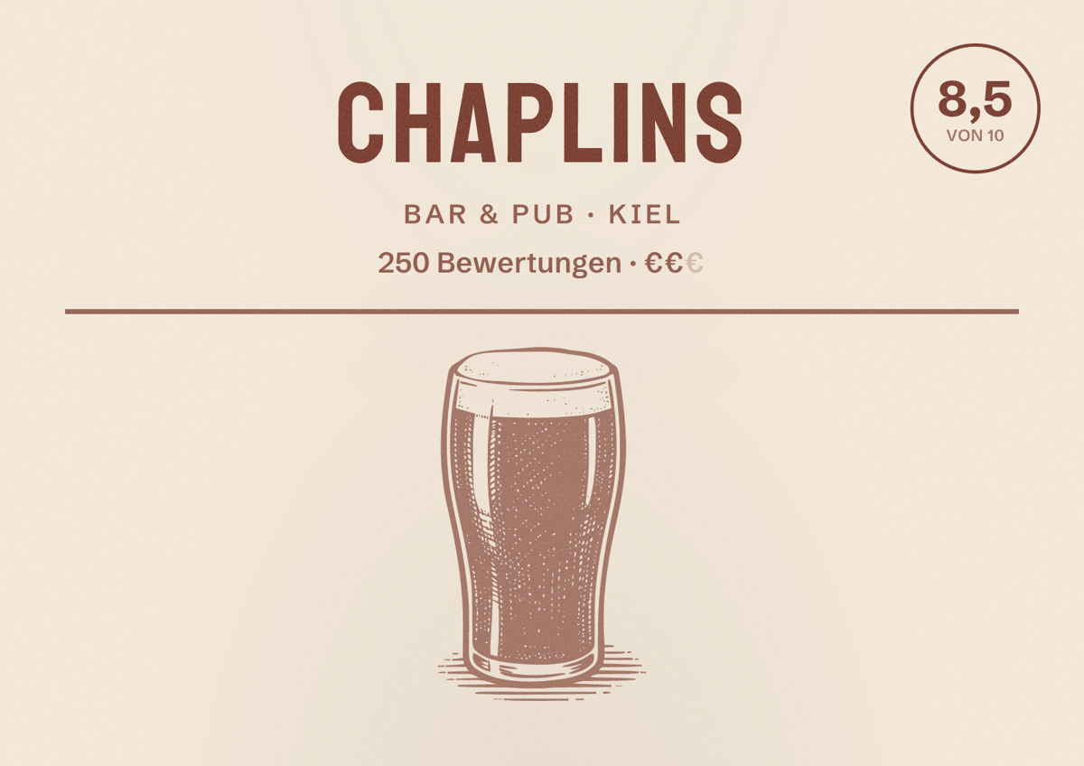 Illustriertes Poster von Chaplins, Bar & Pub in Kiel: Bewertung 8,5 von 10 aus 250 Bewertungen, Preisniveau €€
