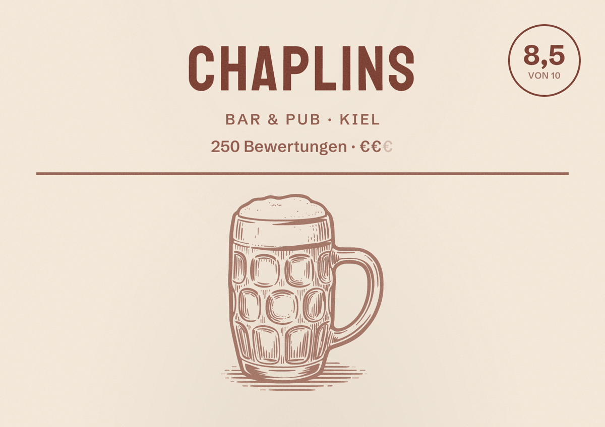 Illustriertes Poster von Chaplins, Bar & Pub in Kiel: Bewertung 8,5 von 10 aus 250 Bewertungen, Preisniveau €€