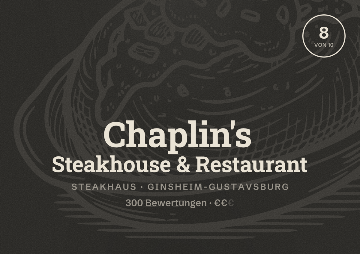 Illustriertes Poster von Chaplin's Steakhouse & Restaurant, Steakhaus in Ginsheim-Gustavsburg: Bewertung 8 von 10 aus 300 Bewertungen, Preisniveau €€