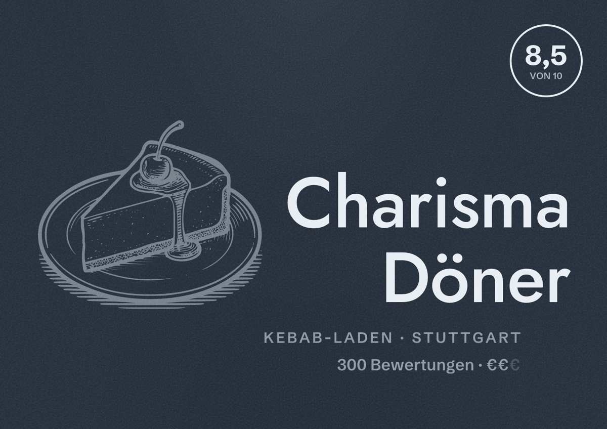 Illustriertes Poster von Charisma Döner, Kebab-Laden in Stuttgart: Bewertung 8,5 von 10 aus 300 Bewertungen, Preisniveau €€