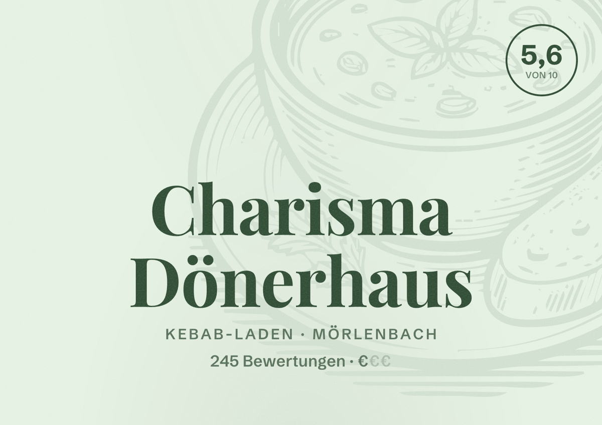 Illustriertes Poster von Charisma Dönerhaus, Kebab-Laden in Mörlenbach: Bewertung 5,6 von 10 aus 245 Bewertungen, Preisniveau €